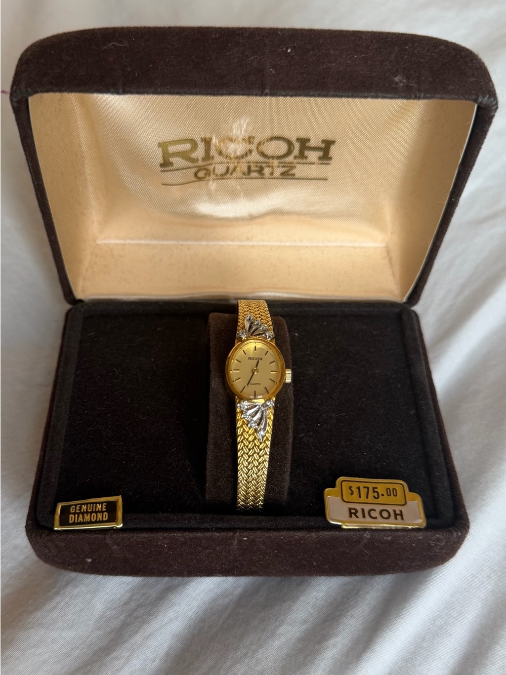 Vintage Ricoh Quartz Gold-Tone Watch Genuine Diamond Accents with Box
